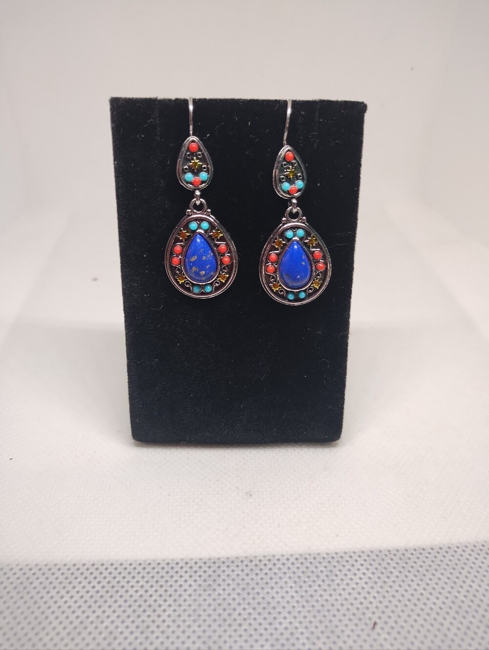 Boho Teardrop‎ Dangle Earrings with Blue, Turquoise & Coral Accents G22
